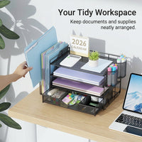 4-Tier Metal Mesh Desk Storage Organizer, Stackable Office Organiser, Carbon Steel Desktop File Tray for Professionals, Workspace Organization
