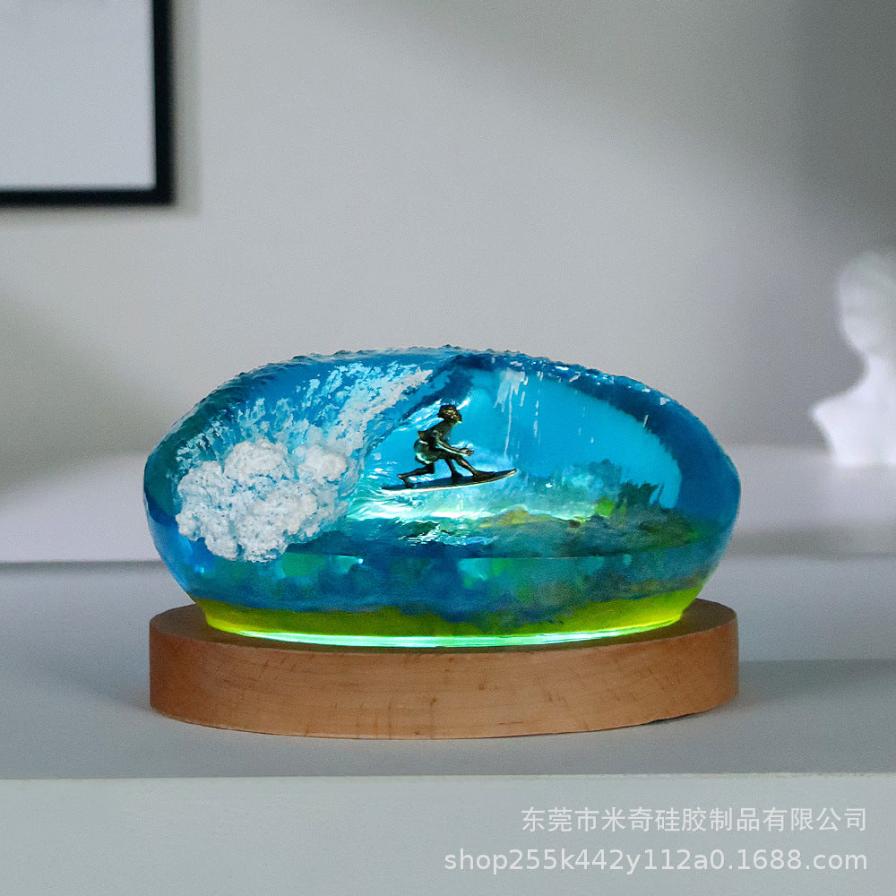 Resin Ocean Night Light Decor with Coral and Surfing Theme