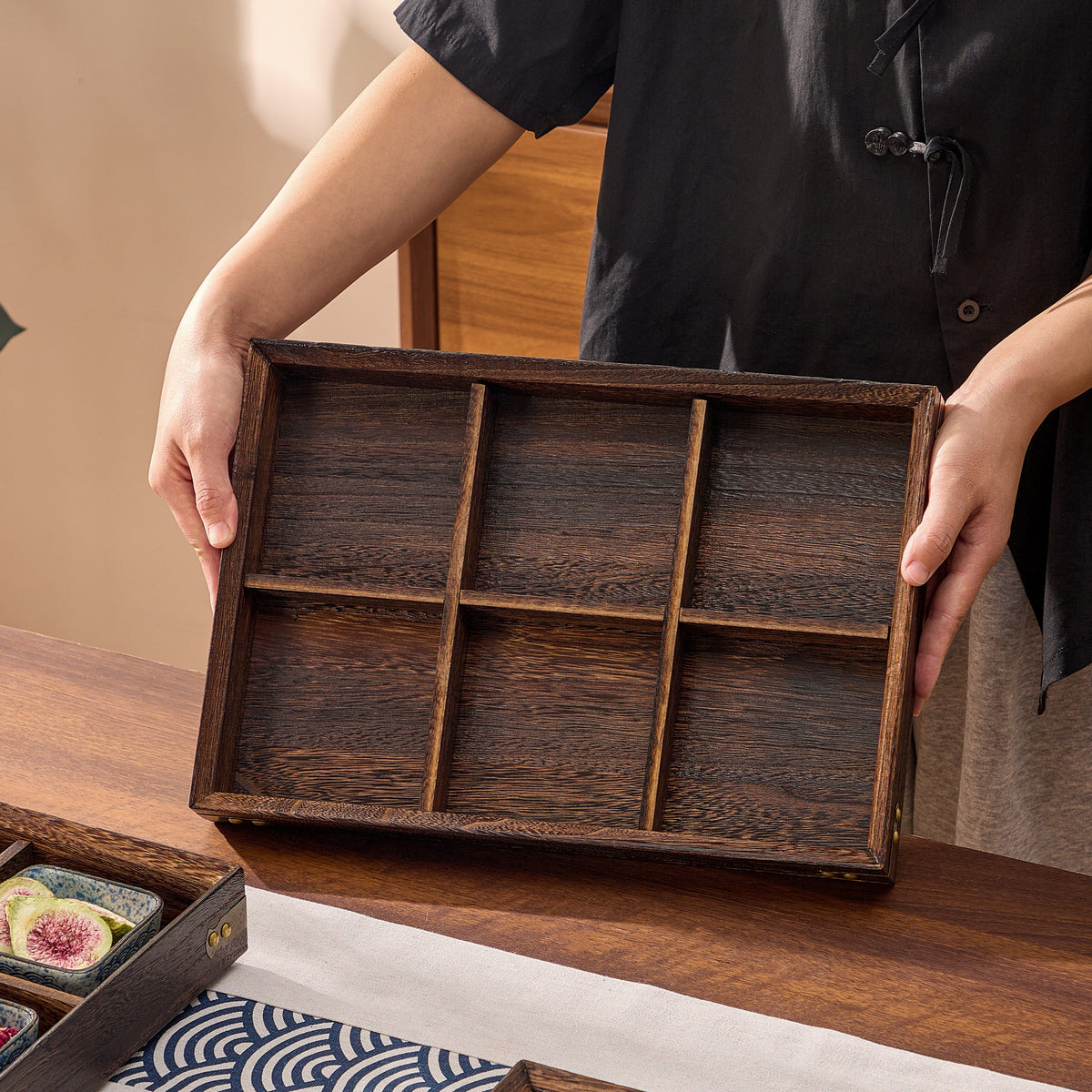 Nine-Grid Solid Wood Tea Tray with Chinese Style