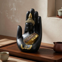 Buddha in Palm Statue Gold Accents Hand Holding Buddha Figurine Artisanal Look