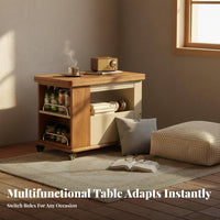 Earthy Simplicity End Table Solid Wood Rolling Side Table Multifunctional Storage Trolley Space-saving Expandable Top Suitable for Living Room Home Office Bedroom Lounge