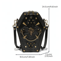 Casket Shoulder Bag with Cranium Motif Faux Leather Casket Crossbody Bag Adjustable Handbag for Goths, Concerts