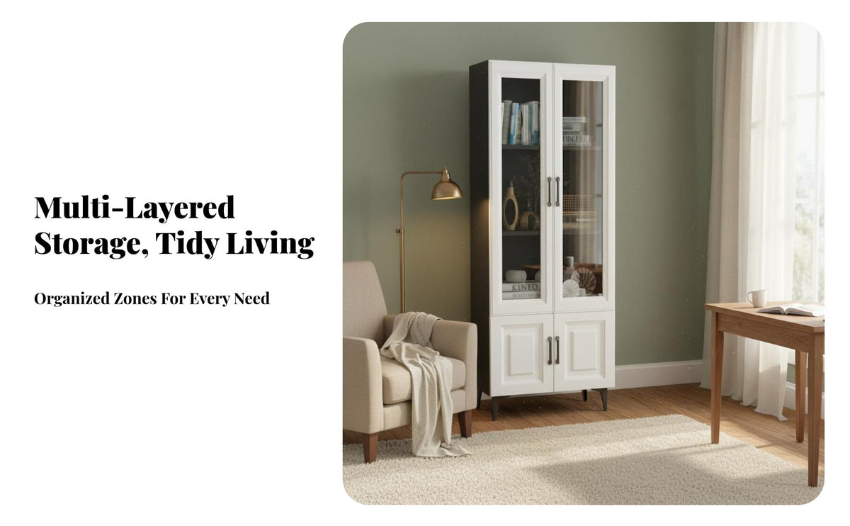 Room Divider Function Floor-Standing Shelving Unit with Glass Doors Minimalist Design Tall Cabinet with Glass Doors Large Capacity shelving unit Sturdy Construction for Office Workers, Book Lovers, Collectors, Bedroom, Study
