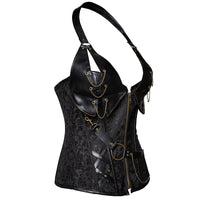 Women's Punk Leather Overbust Corset with Steel Bones and Halter Strap