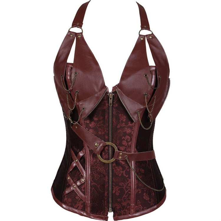 Women's Punk Leather Overbust Corset with Steel Bones and Halter Strap