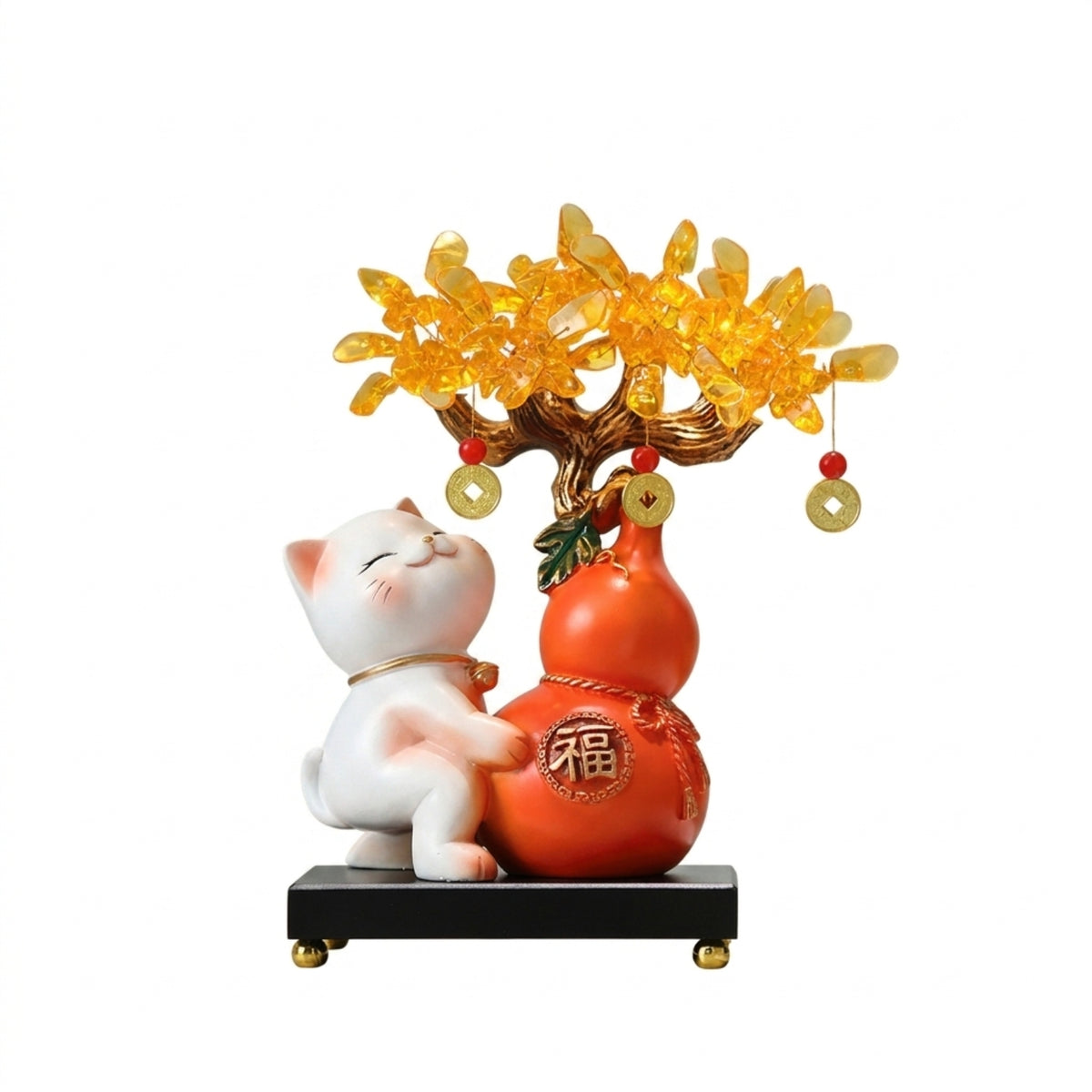 Fortune Cat with Wealth Tree Auspicious Maneki Neko Figurine Prosperity