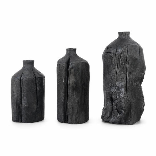 3 Pieces Carved Wood Vase Rustic Vessel Wabi-Sabi for Living Room