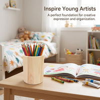 Desk Organizer for Home Office, Wooden Pencil Cup for Children, Round Pine Wood Stationery Holder for