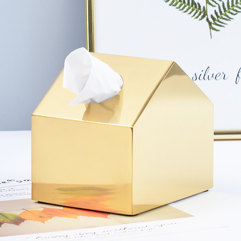 Luxury Gold Stainless Steel House-Shaped Tissue Box for Living Room Decor