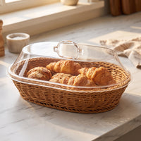 Woven Food Basket with Acrylic Dome Shallow Bread Basket with Acrylic Lid Countertop for Kitchen Counter