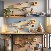 Cat Climbing Frame with Perch and Steps, Wood Wall Mounted Playground for Indoor Pets, Includes House, Pad and Bridge, Simple Style