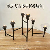 美式复古铁艺多头烛台折叠蜡烛架圣诞节浪漫烛光晚餐氛围连排烛杯