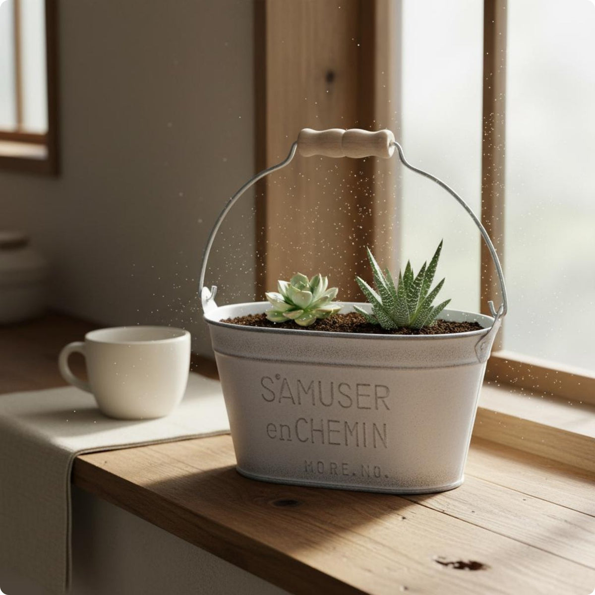 Wood Handle Planter Decorative Prop Vintage Metal Planter Distressed Iron Pot for Tabletop, Indoor