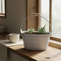 Wood Handle Planter Decorative Prop Vintage Metal Planter Distressed Iron Pot for Tabletop, Indoor