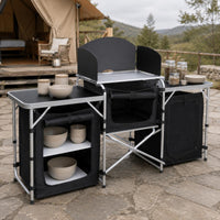 Field Kitchen Setup Table Windscreen Outdoor & Cooking Table Elevated Shelf Portable Cooking Area for Campers