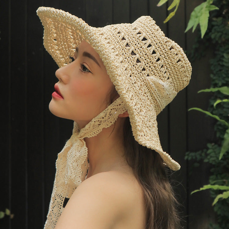 Women's Wide Brim Lace Sun Hat - Foldable Crochet Straw Beach Hat for Vacation