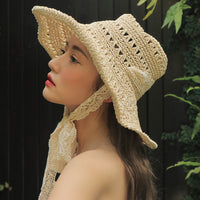 Women's Wide Brim Lace Sun Hat - Foldable Crochet Straw Beach Hat for Vacation