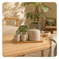Ceramic Tea Set Speckled Clay Tableware Wooden Tray