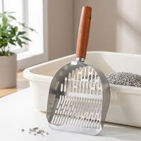 Metal Sifter with Slotted Holes, Deep Stainless Steel Cat Dog Waste Picker, Ergonomic Wooden Handle for Tray, Unique Cat Owner Gift