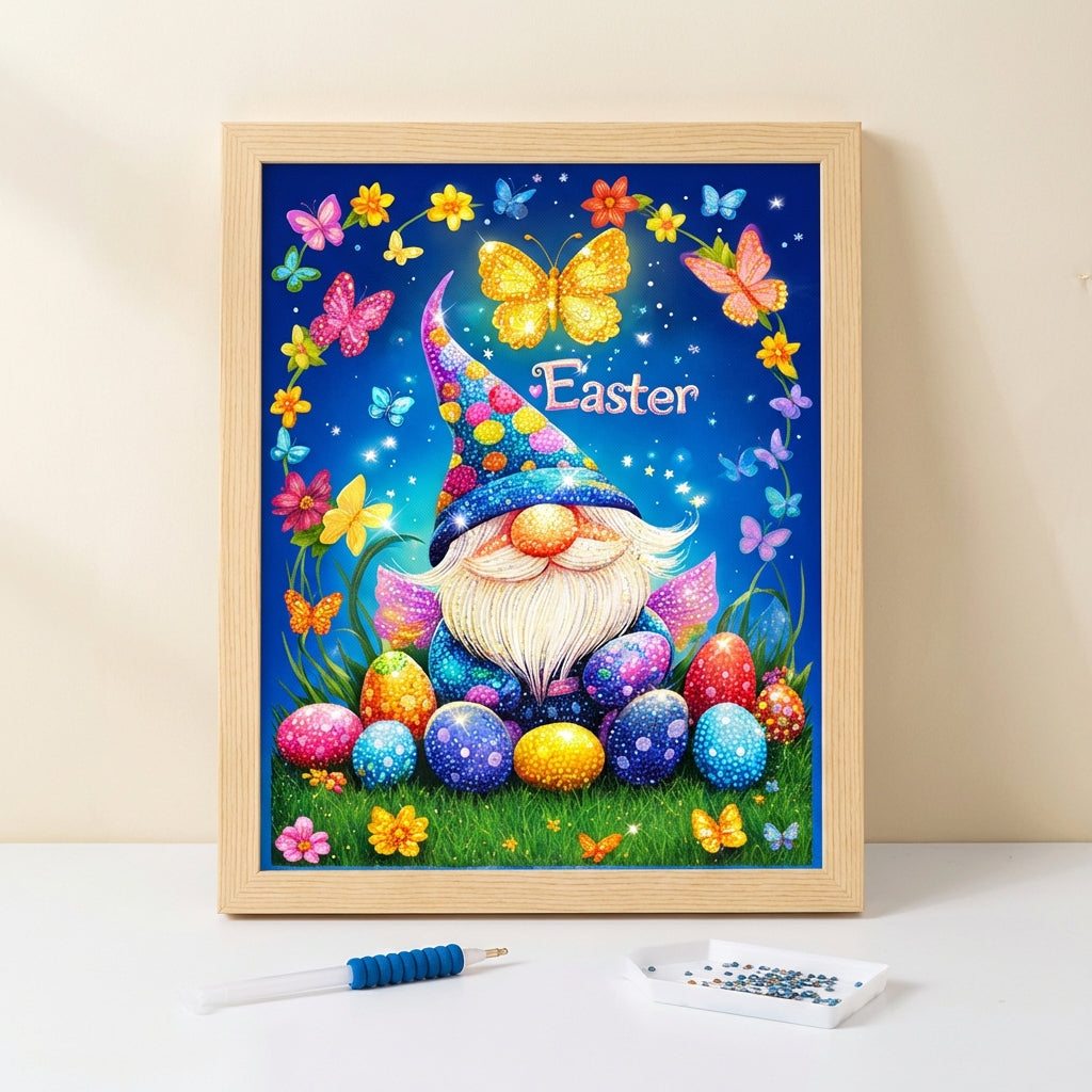 DIY 5D Diamond Painting Kit, Easter Gnome Full Drill Diamond Art, Colourful Spring Gonk with Eggs and Butterflies, Round Rhinestone Crystal Craft Picture for Adults Kids Home Wall Decor Gift