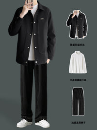 轻薄羽绒服男冬季套装2025新款翻领夹克男生仿毛呢外套穿搭一整套