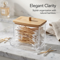Acrylic Swab Dispenser with Bamboo Lid, Storage Jar Makeup Organiser, Vanity Organizer Clear Acrylic, Small Swab Container, Modern Minimalist