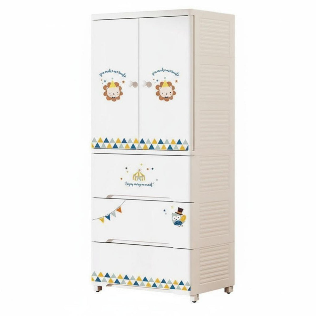 Wheeled kids' wardrobe Rounded Corners Storage Cabinet Cute creature Design Lockable Top Drawer for Children, Infants