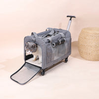 Rolling Pet Carrier Telescoping Handle Wheeled Feline Carrier Zippered Openings