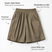 Shorts for Women Knee Length with Pockets, Loose Fit Loungewear in Ice Silk Polyester Material, Plus Size Summer Vacation Cropped Style