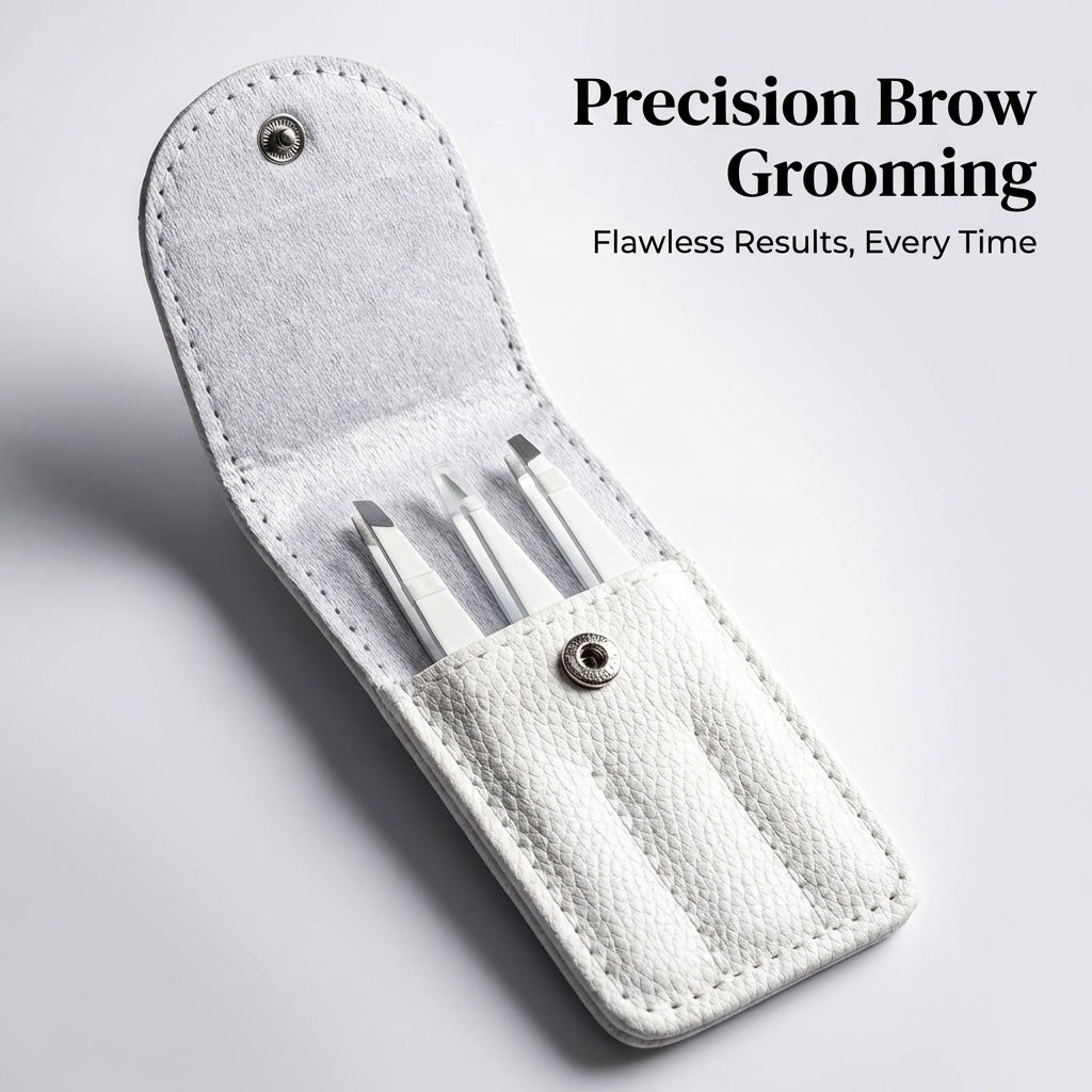 Stainless Steel Tweezers for Eyebrow Shaping, 4 Piece Professional Grooming Kit for Women and Plucking Tools for Ingrown Splinter Removal with Leather