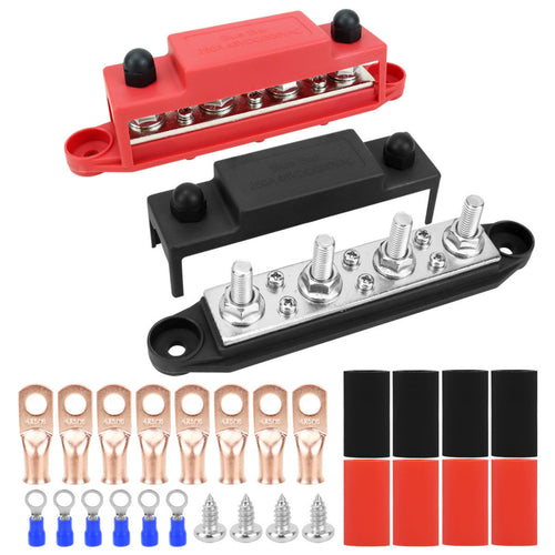2 Pieces 48V DC 4-Way Bus Bar Positive and Negative 250A Bus Bar High Current 4 Stud Junction Block Heavy Duty for RV, Solar Panel, Automotive