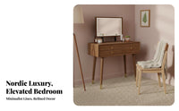 Wooden Vanity Set with Round Mirror Sturdy Wood Construction Vanity Set with Lighted Mirror Includes Matching Stool