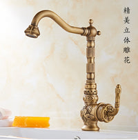 Antique Brass Basin Faucet with European Carved Pattern, Single Hole, Mixer