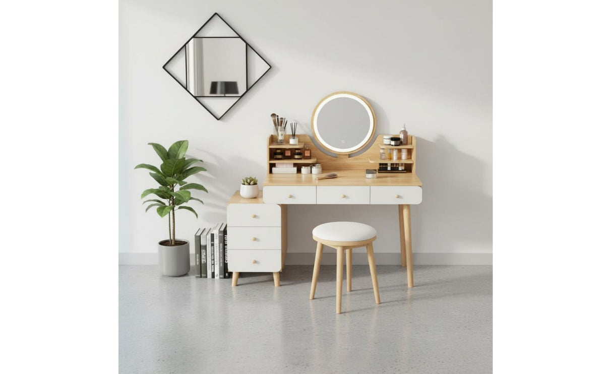 Dressing Table with Drawers and Cabinet Ample Storage Vanity Table with Side Cabinet Sturdy Construction Makeup Vanity with Lighted Mirror for Women