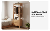 Wooden Coat Rack with Drawers Solid Wood Standing Clothes Stand Multi-functional Organizer with Shelves and Hanging Rod Suitable for Renters Hallway Office Bedroom Entryway
