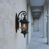 European Outdoor Wall Light Ornate Metal Frame Waterproof Exterior Sconce Vintage Wall Lantern for Garden, Porch, Patio