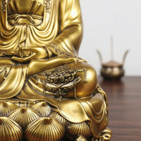 Peace Blessing Guanyin Statue Gold Finish Golden Guanyin Figurine Ornate Details Lotus Base Buddha Statue Traditional Chinese Design for Buddhist Believers, Office Desk
