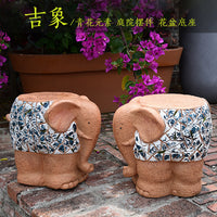 复古仿青花瓷大象花盆底座摆件创意户外园林动物雕塑庭院花园装饰
