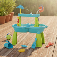 Outdoor Sand and Water Table with Toys Two-Level Beach Play Table with Pail Educational Water Playset with Accessories Easy to Clean for Backyard