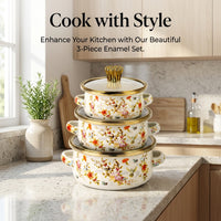 Enamel Soup Pot Set with Double Handles, Flat Bottom Cooking Pots for Soups Stews, Floral Pattern Enamelware Pot Set 3 Pieces with Glass Lids