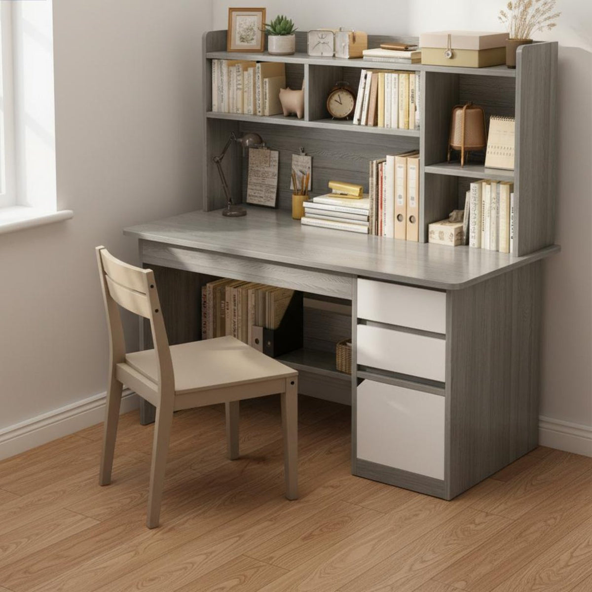 Writing Desk with Bookshelf Large Tabletop Student Workstation with Storage Spacious Desktop Computer Desk Hutch for Students, Bedroom