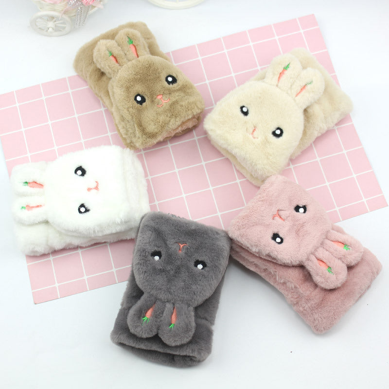Cartoon Rabbit Ear Flip-Top Gloves with Carrot Embroidery, Plush Lined Warm Winter Mittens for Students