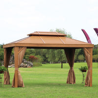 Outdoor Aluminum Alloy Gazebo with Wood Grain Canopy for Garden Patio