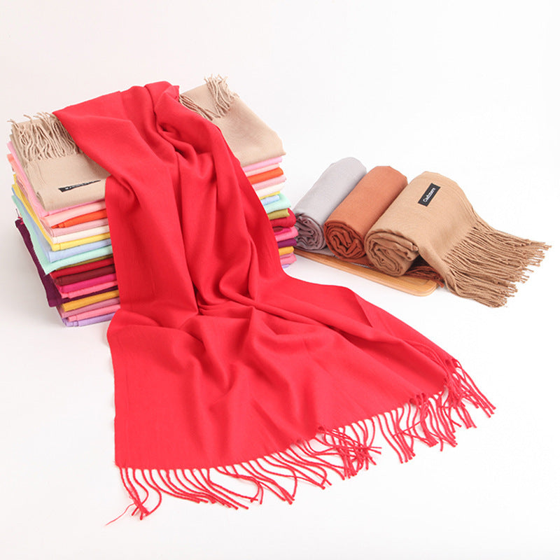 Women's Winter Cashmere Scarf with Tassels, Thickened Solid Color Warm Shawl
