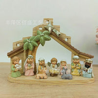 11-Piece Cartoon Nativity Scene Resin Craft Set with Tree and Stable