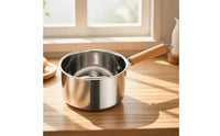 Easy to Clean Frying Pot with Wooden Handle Comfortable Grip Stainless Steel Frying Pot Compact Saucepan Deep for Daily Cooking