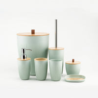 7 Pieces Bathroom Organizer Set Featuring Lidded Canister Dispenser Bottle Toothbrush Cup Countertop Organizer Durable Fluted Plastic and Bamboo-look Tops Suitable for Family Hotel Guest Room