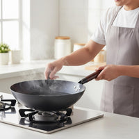 Nitrided Iron Pan Nitriding Treated Flat Bottom Wok Handmade Uncoated Iron Wok for Home Cooks, Gas Stoves