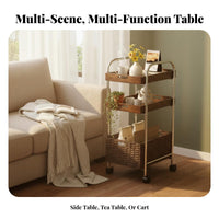 2-Tier Rolling Table Rattan Weave Accent 2-Tier Rolling Organizer Mobile Design Wood Top for Apartment Dwellers, Students