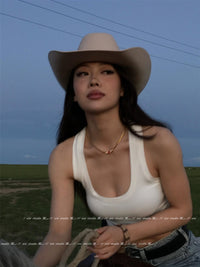 美式复古白色西部牛仔帽草原骑马防晒帽子2025新款高级感骑士帽女